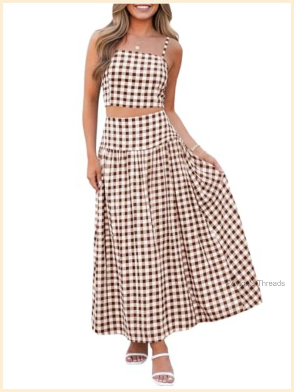 Womens 2 Piece Skirt Set Gingham Crop Top Midi Skirt A-Line